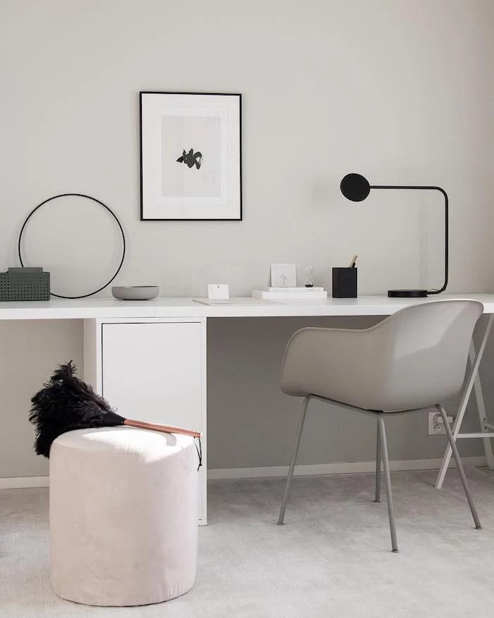 grey velvet rug, white desk and cabinet, home ideas, grey chair, white stool, small black desk lamp