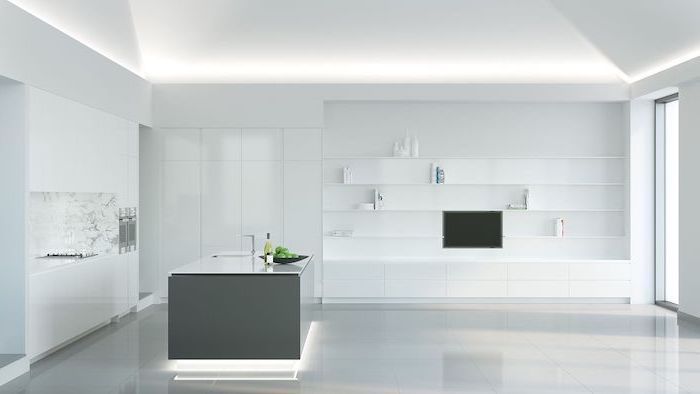 kitchen designs photo gallery, white cabinets shelves and counters, grey kitchen island, marble backsplash