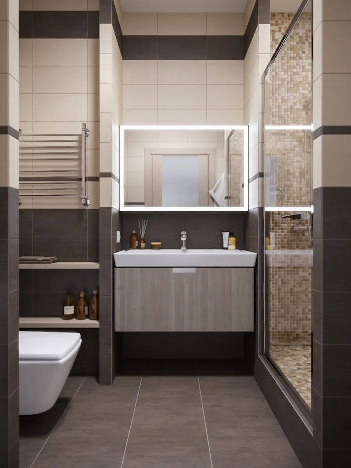 brown and beige tiled walls, mosaic walls, modern bathroom design, wooden floating cabinet