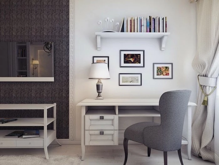 white wall and bookshelf, white desk with drawers, grey chair, home ideas, white rug
