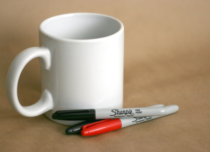 white mug, red and black sharpies, romantic gift ideas for boyfriend