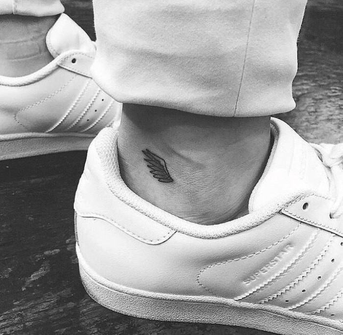 angel wings, tattoo on the ankle, white sneakers, tattoo designs for women, white trousers
