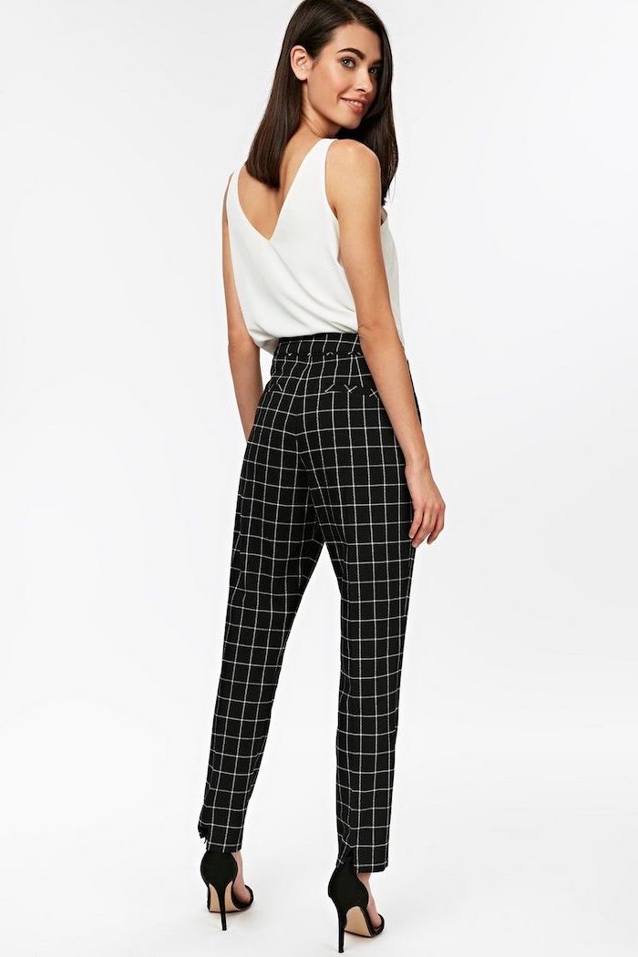 black shoes, white top, casual wear for women, white and black stripe trousers