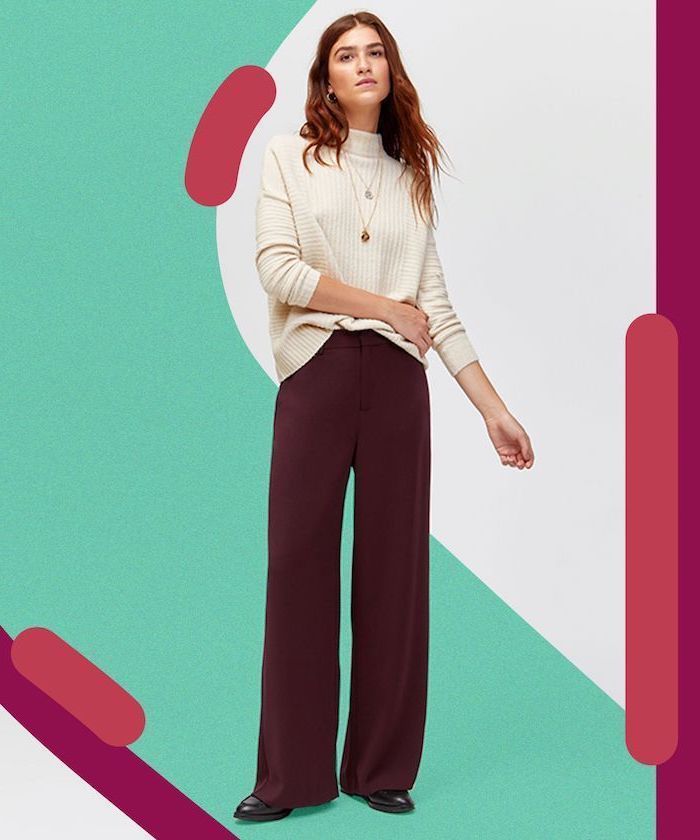 burgundy trouser, white turtleneck, black shoes, summer business casual