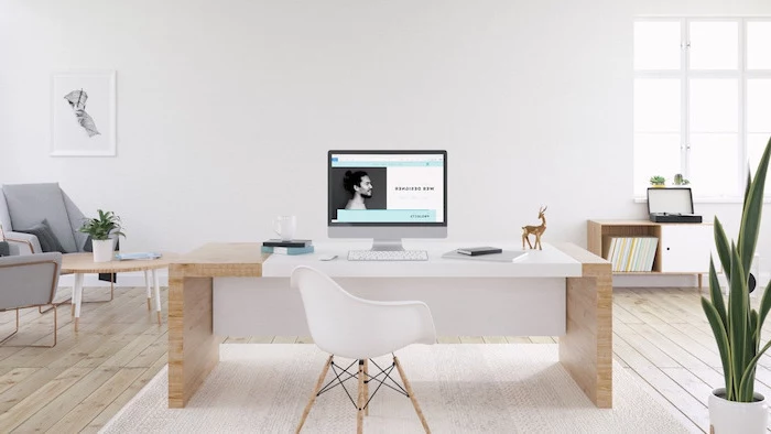 wooden desk and floor, white chair, grey armchairs, office ideas, desktop computer, white rug