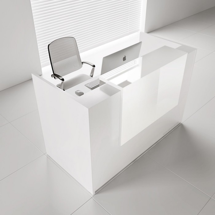 white mesh chair, white tiled floor and walls, white desk with a desktop computer, office ideas
