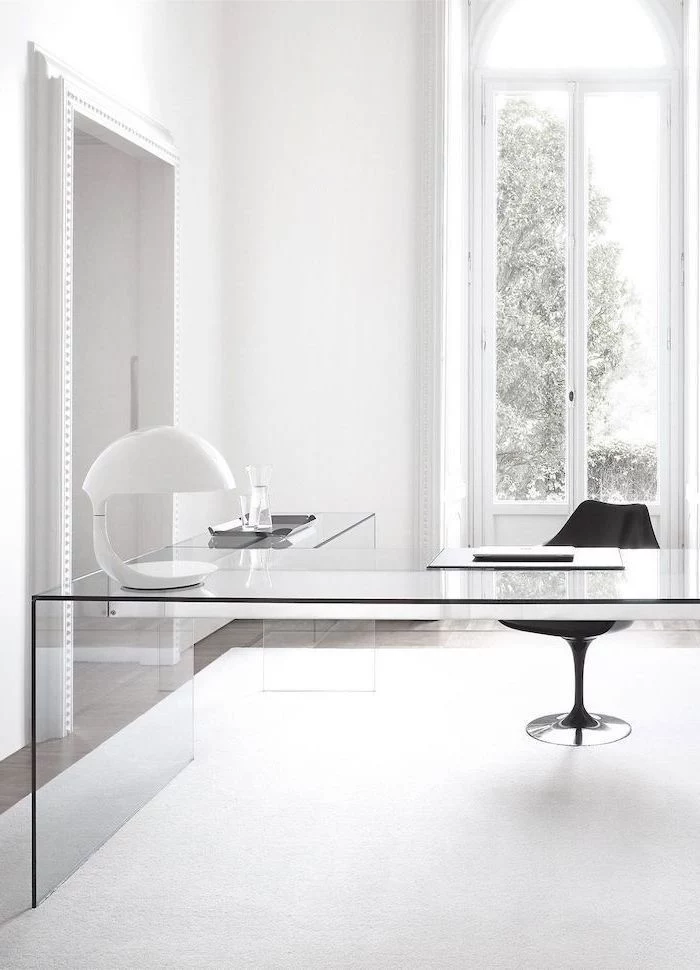 glass desk, black chair, white desk lamp, office ideas, white walls and rug