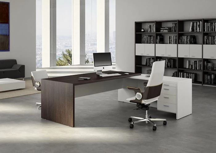 wooden desk, white drawers, living room desk, white and brown leather chairs, large bookcase