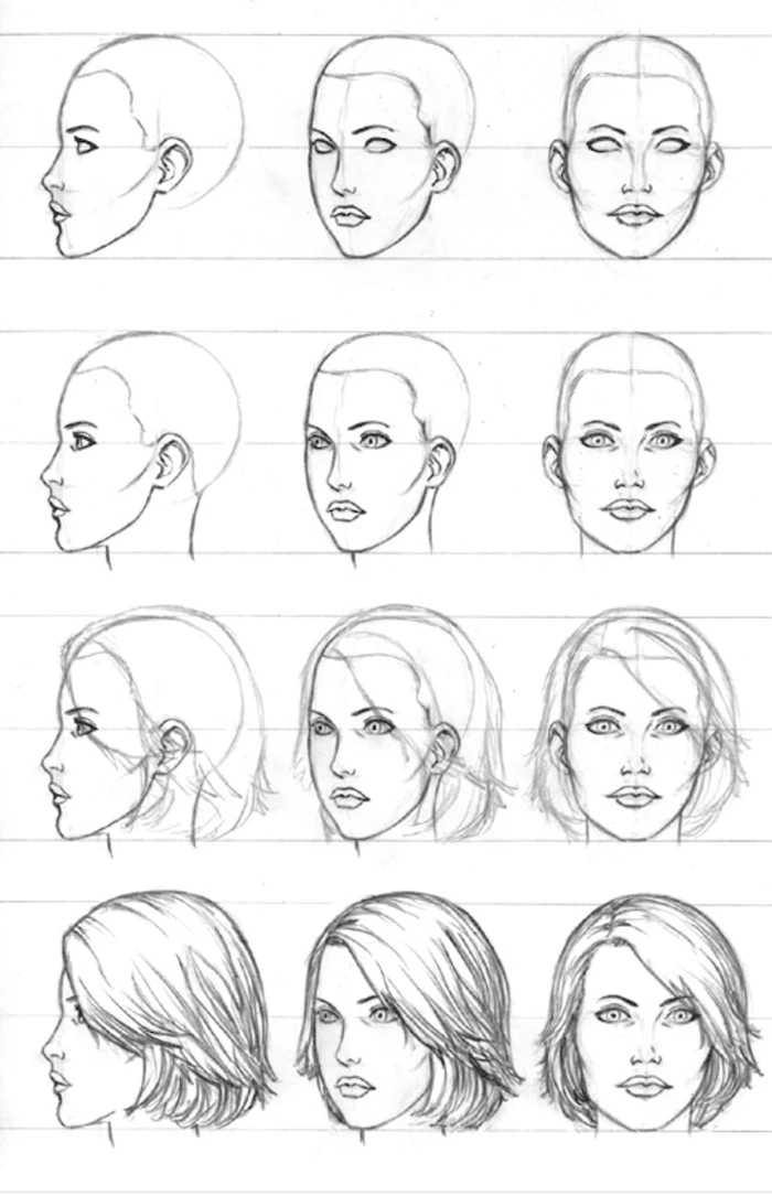 black and white sketch of a female face, frontal and profile drawing, how to draw a girl, short hair