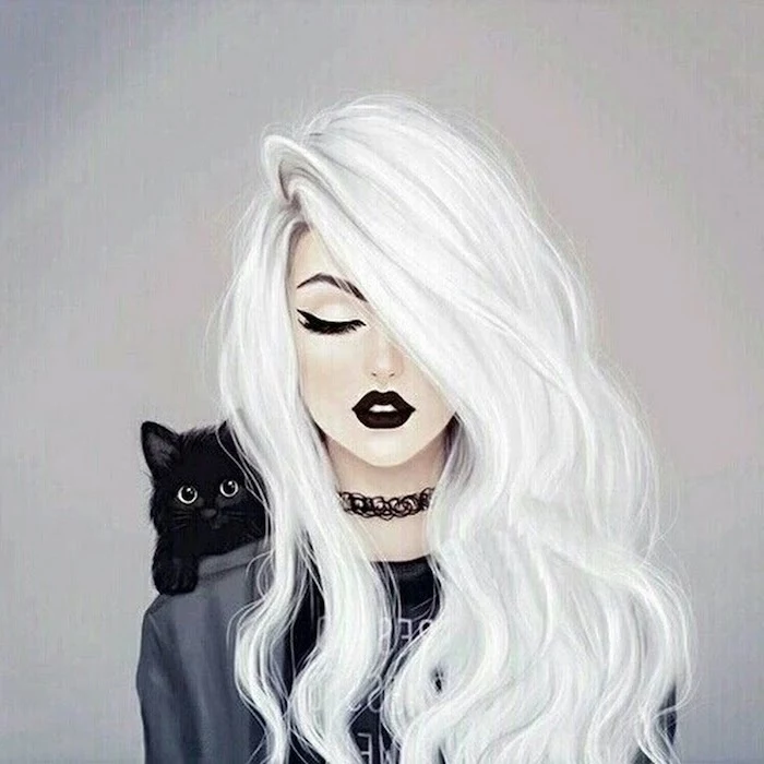 white hair, grey background, how to draw a girl step by step, black cat, drawing of a girl