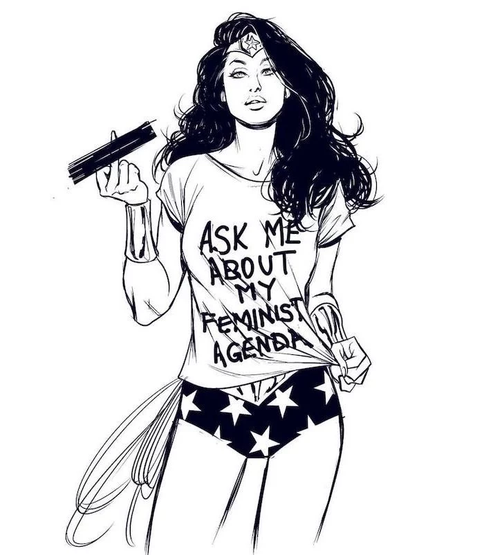 wonder woman drawing, ask me about my feminist agenda t shirt, how to draw a person, long black hair