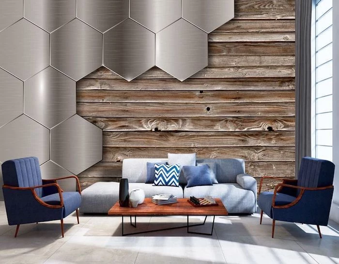 metal honeycomb tiles and wood 3d wallpaper, blue armchairs, brick accent wall, blue sofa