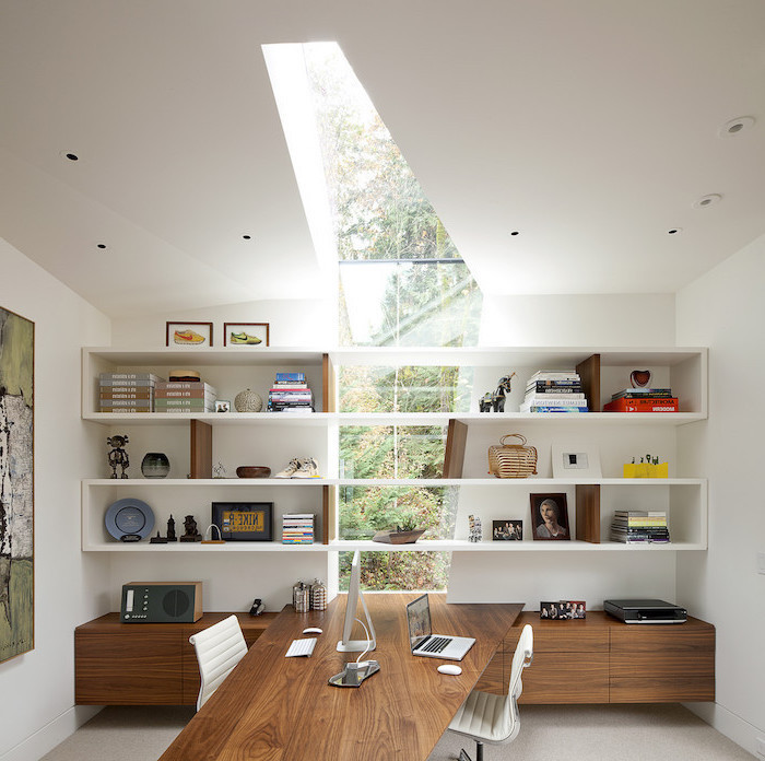 large window from the floor to the ceiling, white and wooden bookshelves and cupboards, home office ideas, white leather chairs