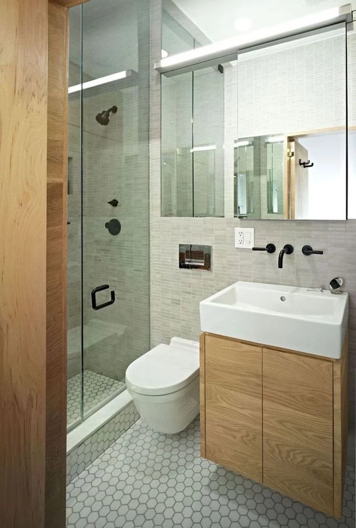 grey tiled mosaic walls and floor, small bathroom ideas photo gallery, large window, wooden floating cabinet