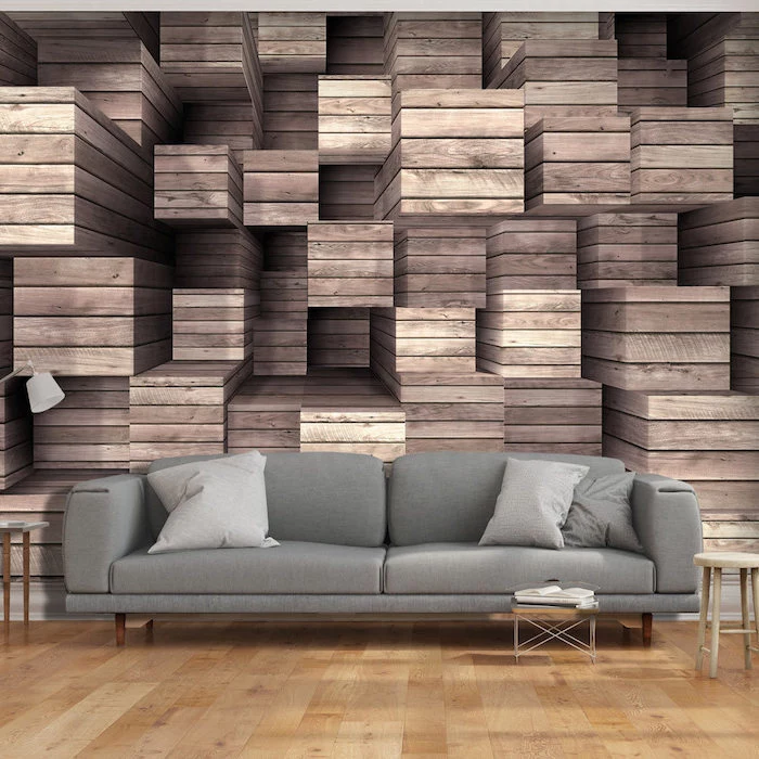 grey sofa, painting accent walls, wooden crates 3d wallpaper, wooden floor