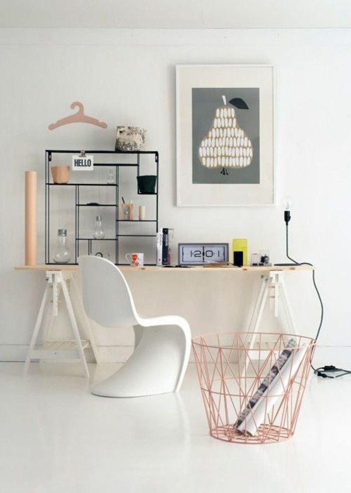 white walls and floor, small metal bookcase, work office decor, wooden desk, white chair