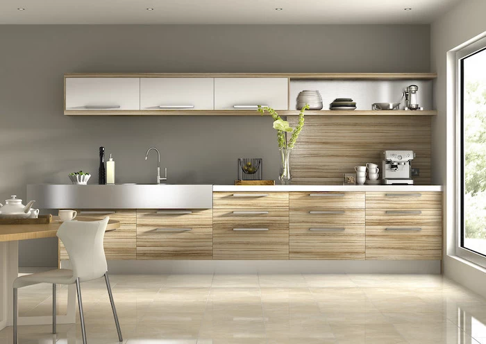wooden backsplash drawers and cabinets, tiled floor, kitchen remodel ideas