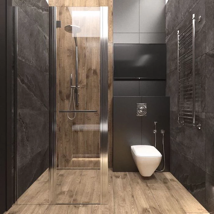 grey tiled walls, wooden floor, glass shower door, small bathroom ideas photo gallery