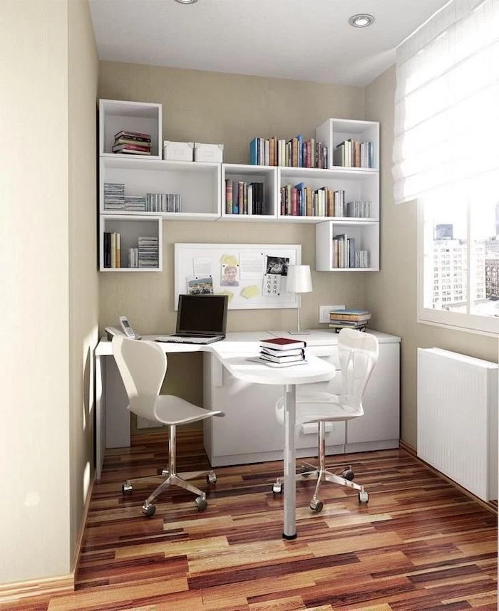 white bookshelves, white desk and mesh chairs, dark wooden floor, work office decor