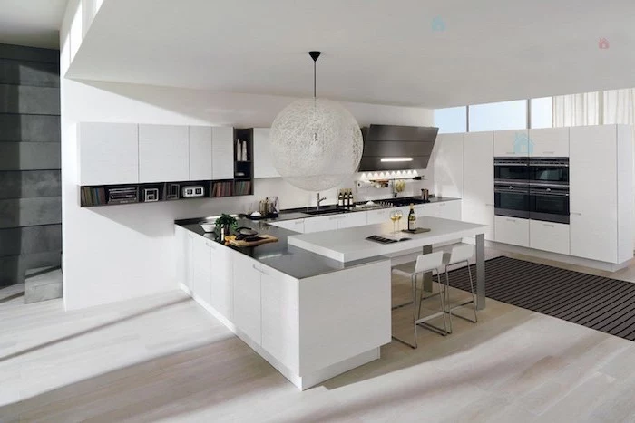 white cabinets and drawers, kitchen designs photo gallery, black counters and shelves, white stools