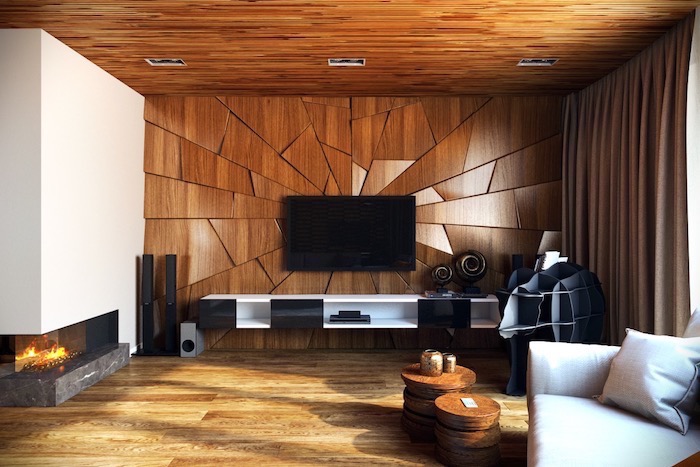 painting accent walls, wooden geometrical 3d wall installation, white sofa