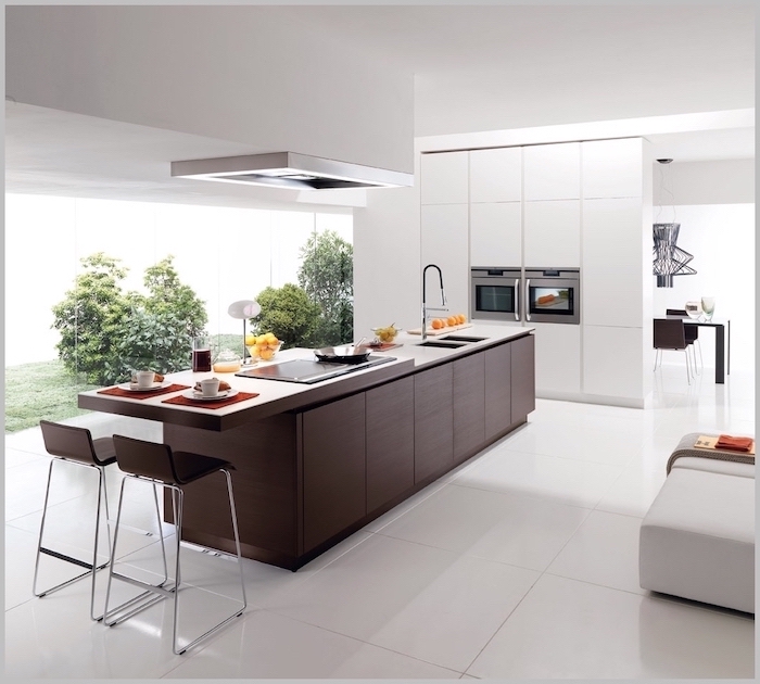 white cabinets and floor, wooden kitchen island, kitchen remodel, wooden stools