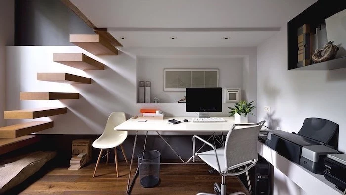 wooden staircase and floor, business office decorating ideas, white desk with white chair, grey mesh chair