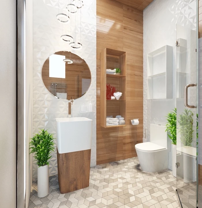 wooden and white tiled walls, wooden cabinet and shelves, modern bathroom design, glass shower door