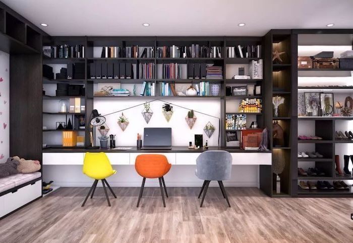 large black wooden bookcase, yellow orange and grey chairs, business office decorating ideas, wooden floor