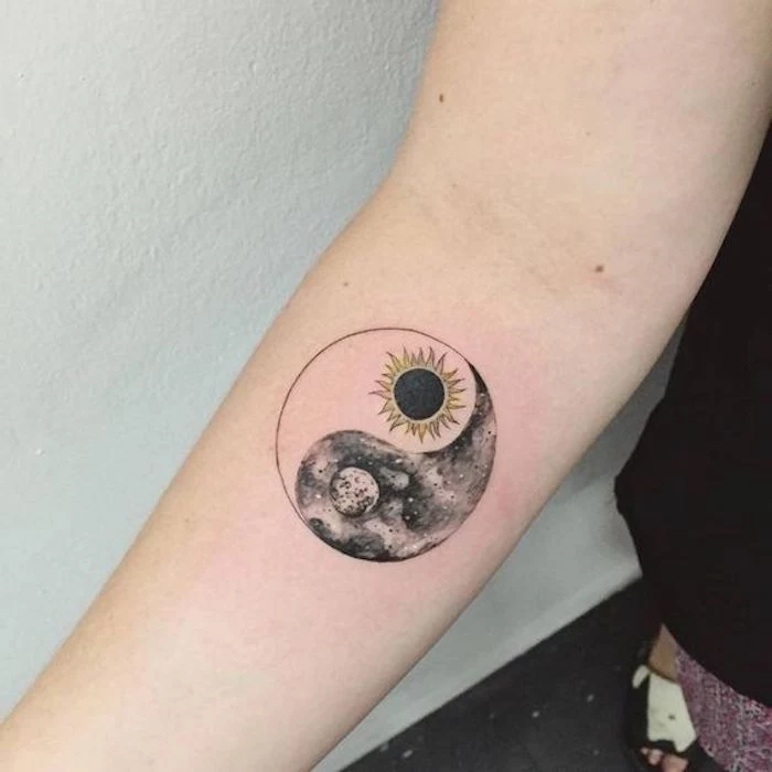 yin yang sun and moon, forearm tattoo, small tattoo ideas for men, white background