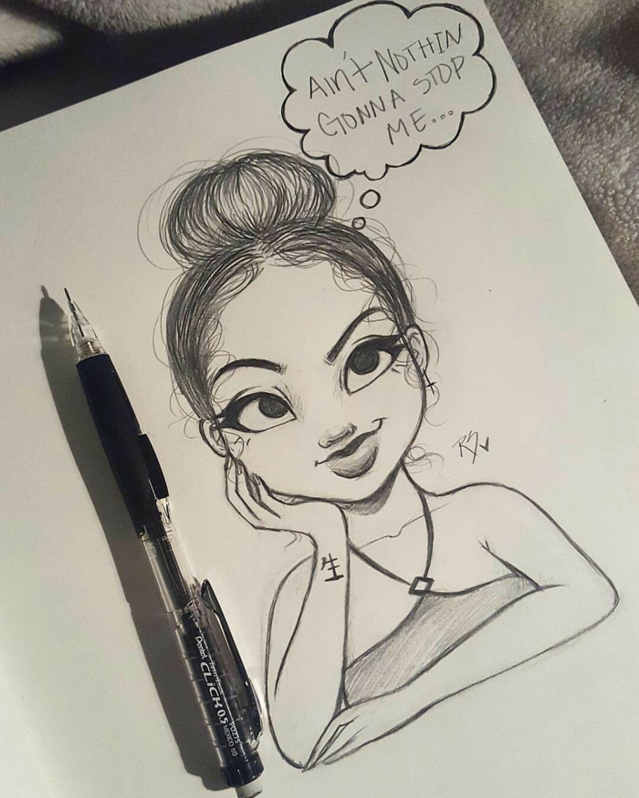 motivational quote, black and white sketch, how to draw a girl, white sketchbook, black pencil