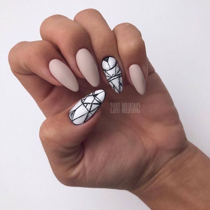 nude matte nail polish, long almond shaped nails, cute nail designs, black white and silver geometrical drawings