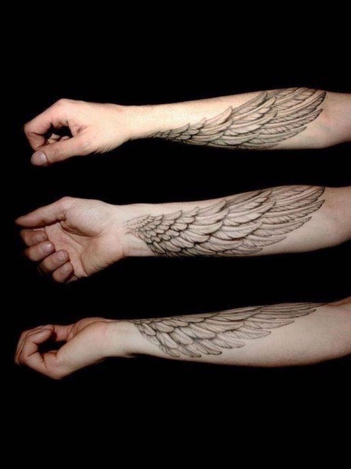 angel wings, forearm tattoo, black background, side by side photos, small tattoos for men