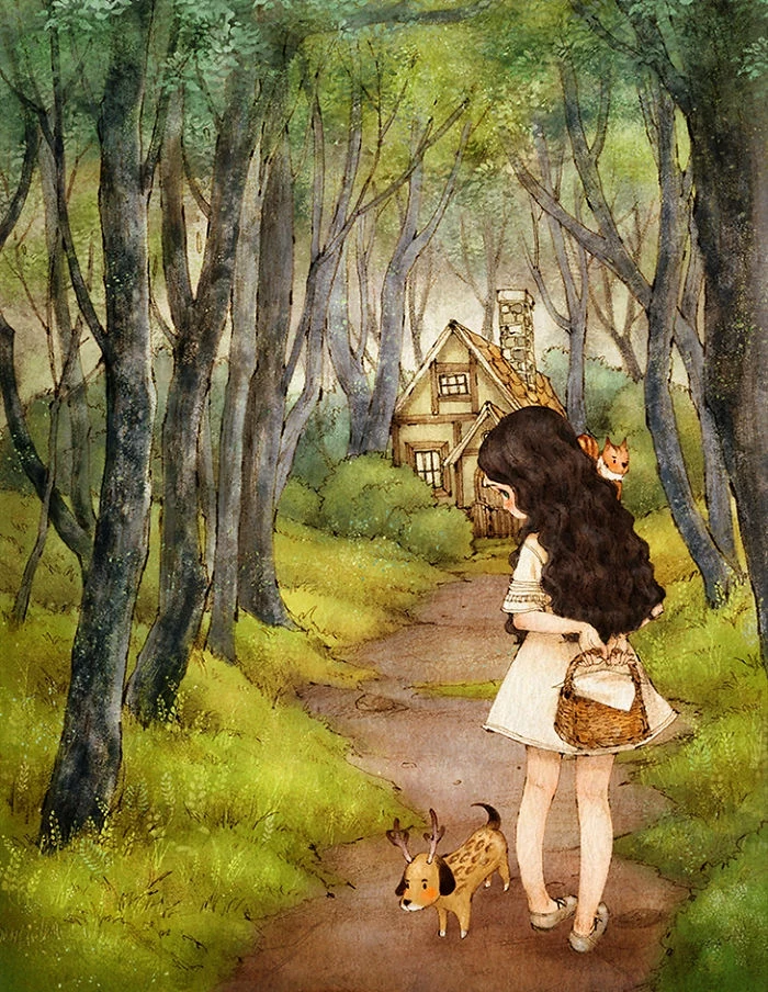 girl walking down a path, leading to a house, how to draw a girl, surrounded by trees and bushes