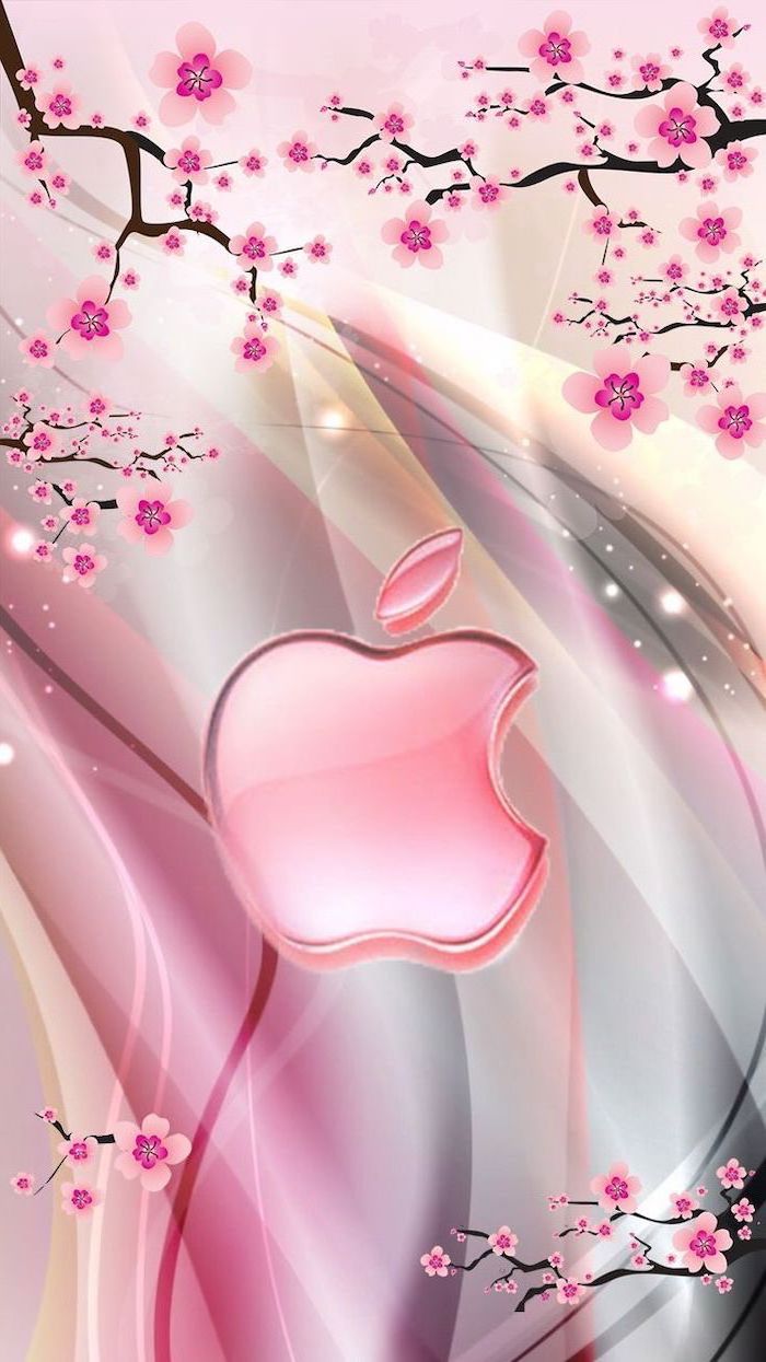 apple logo in the middle, blooming tree branches drawn, spring backgrounds, colourful phone wallpaper