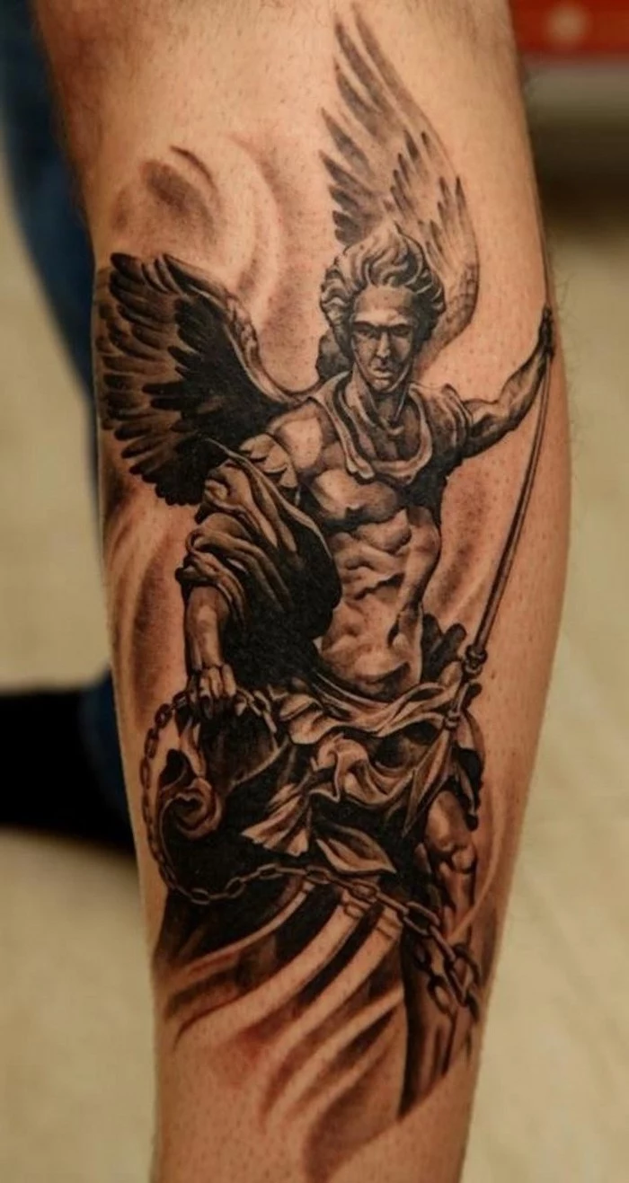 the archangel michael, leg tattoo, small tattoos for men, wooden floor, blurred background
