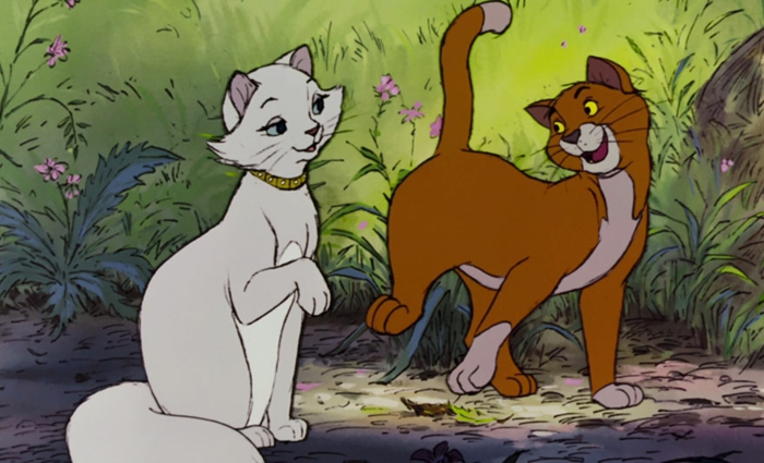 aristocats drawing, thomas o'malley and duchess, anime girl drawing, bushes and flowers in the background