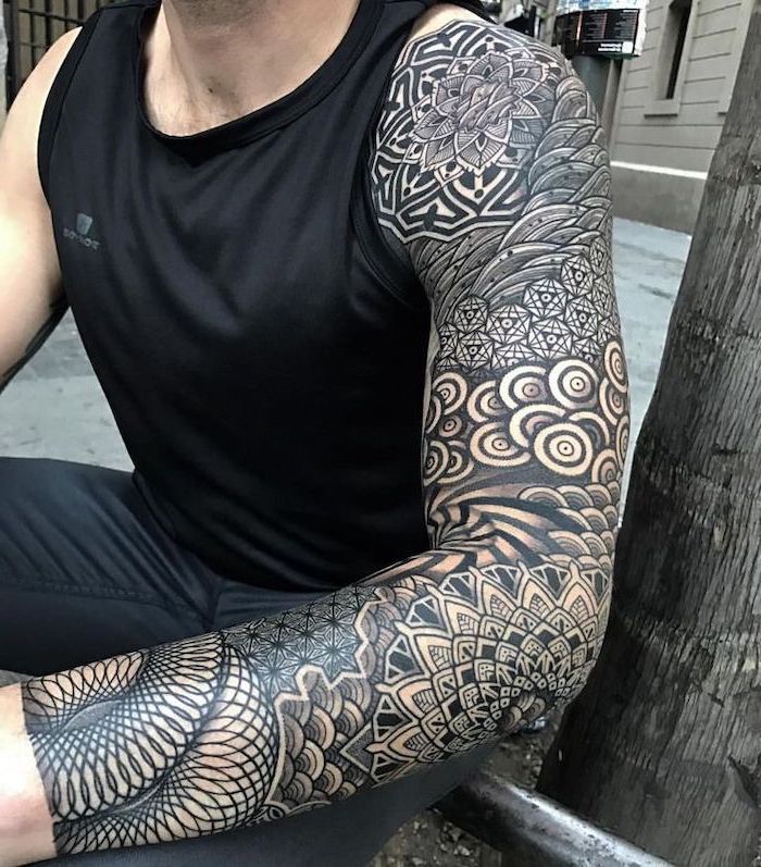 large black and white, arm sleeve tattoo, man sitting, wearing all black, forearm tattoos for men