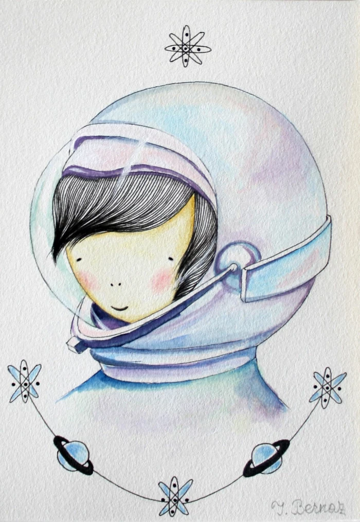 colourful astronaut suit, anime girl drawing, surrounded by planets and atoms, white background