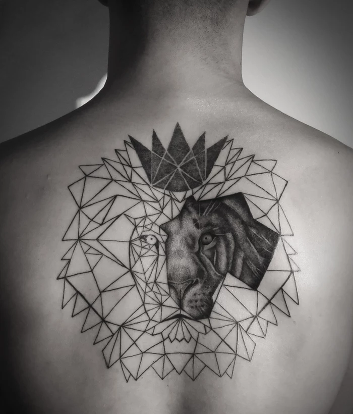 lion head, drawn with geometrical shapes, geometrical crown, back tattoo, flower of life tattoo