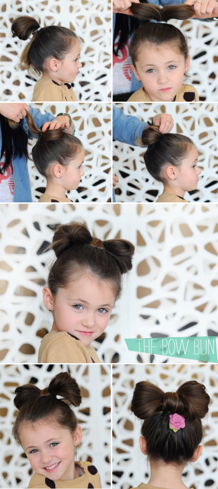 step by step tutorial, brown hair in a bow bun, white background, braid hairstyles for kids