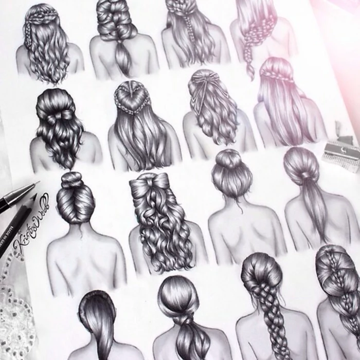 drawings of different hairstyles, cute girl drawing, black and white sketch, hair in ponytails braids and bows