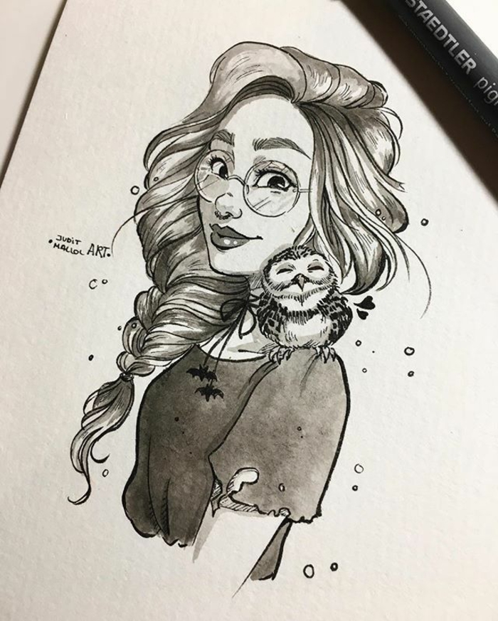 long messy braided hair, girl drawing, black and white sketch, owl on her shoulder, round sunglasses