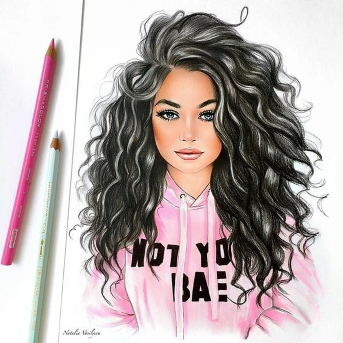 pink sweatshirt, cute girl drawing, long curly black hair, pink and blue pencils