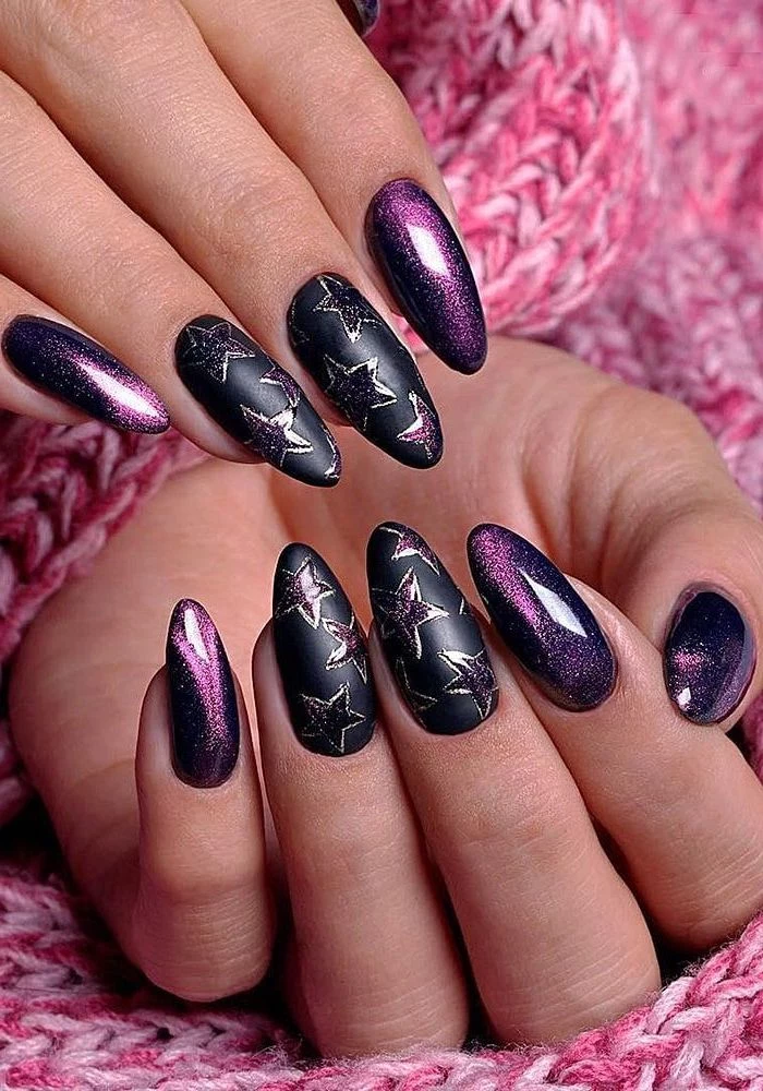 purple monochromatic nail polish, cute nail designs, black matte nail polish, stars drawn on some of the nails