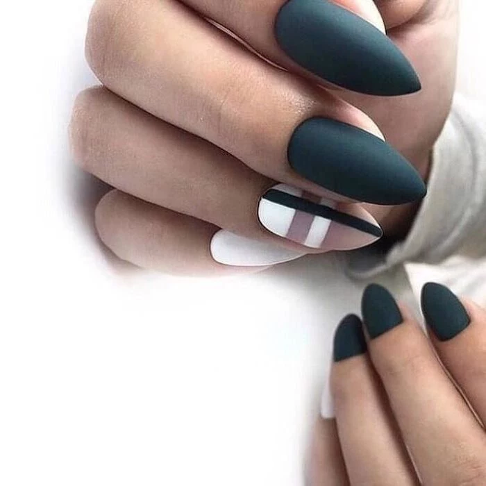 grey matte nail polish, nude and white matte nail polish, geometrical shapes, nail art designs