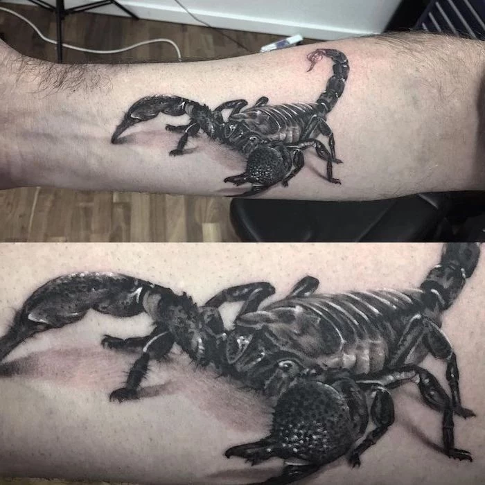 3d scorpion, forearm tattoo, black and white, sleeve tattoos for men, wooden floor in the background