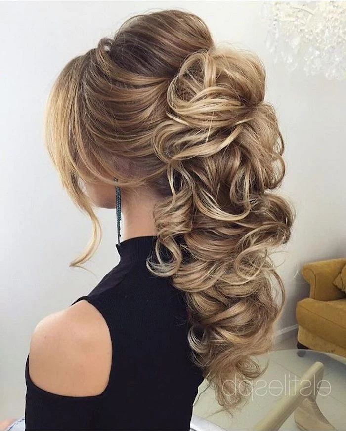 high wavy ponytail, long blonde hair with highlights, long hair wedding styles, black top
