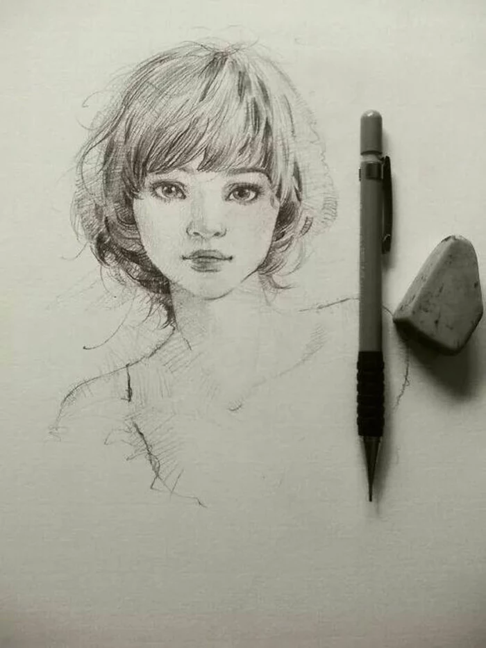 pencil and rubber on the side, black and white sketch, cute girl drawing, short hair