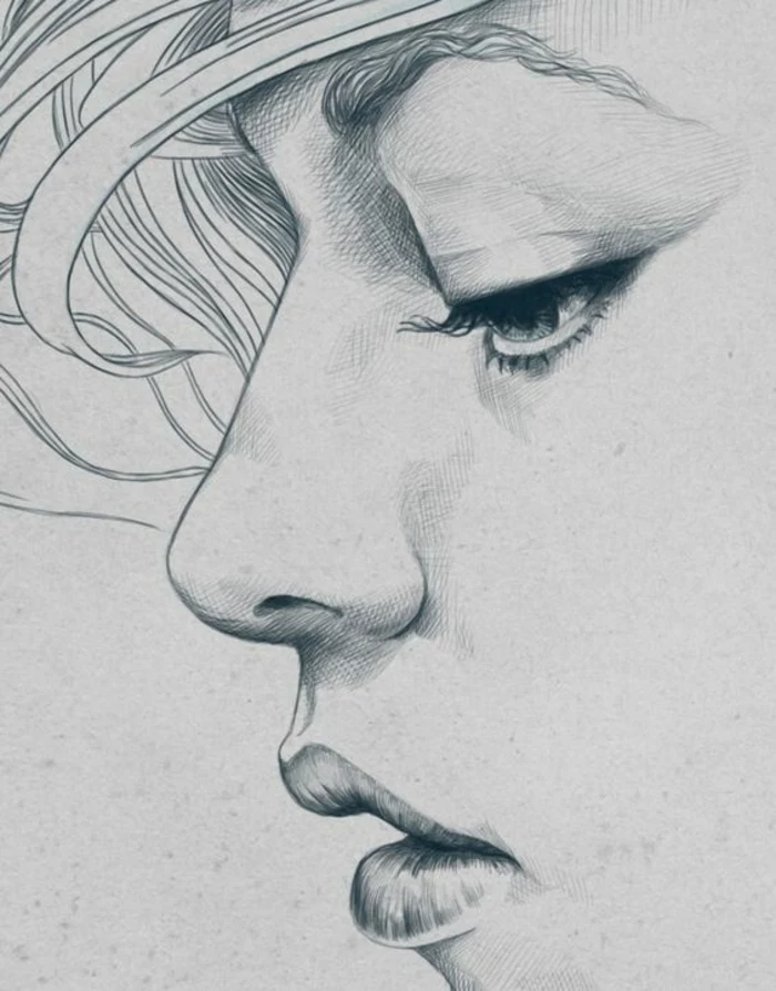 profile of a face, black and white drawings, white background, sad girl, full lips